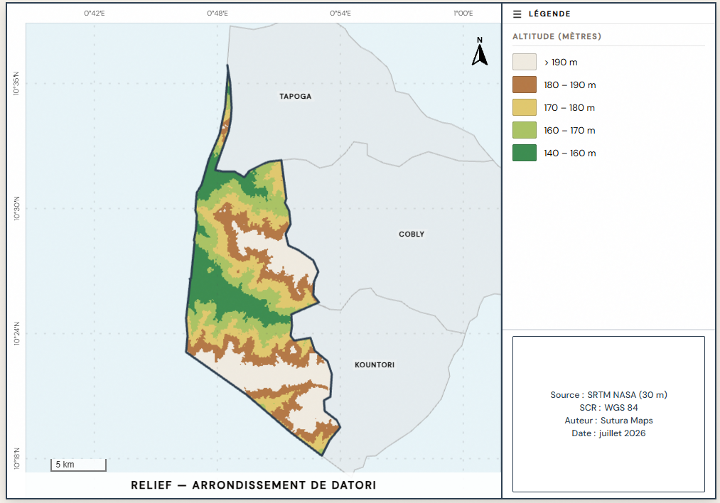 Carte de relief (MNT) de l'arrondissement de Datori au Bénin