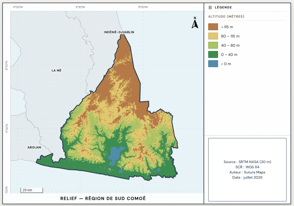 Carte de relief (MNT) de la région du Sud-Comoé en Côte d'Ivoire